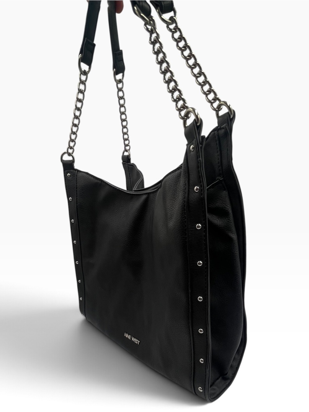 Nine West Black Faux Leather Studded Hobo Bag Silver Chain Shoulder Strap